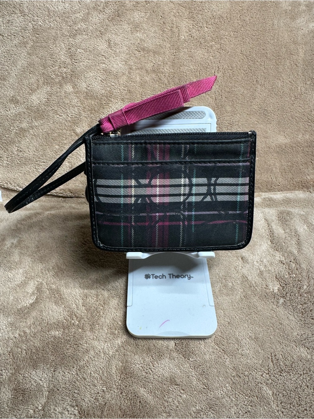 Coach Black Plaid Wristlet with Pink Accent